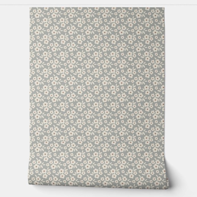 Papel Pintado Patrón floral de cáscara blanca y gris (Desenrollar)