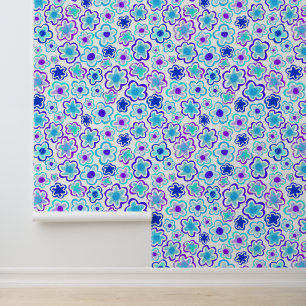Papel Pintado Patrón floral de flores azules rosadas dibujadas a