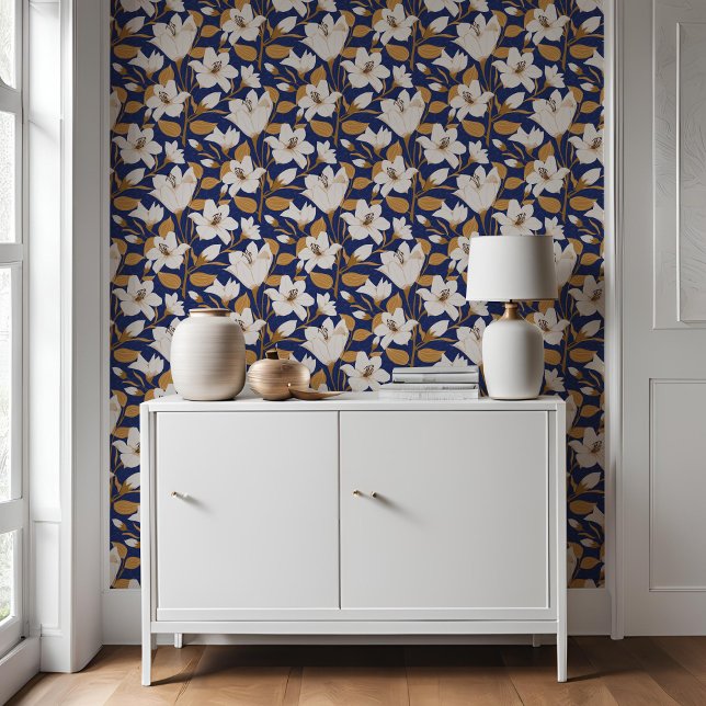 Papel Pintado Patrón floral de Lily Beige-Azul Botánico (Subido por el creador)
