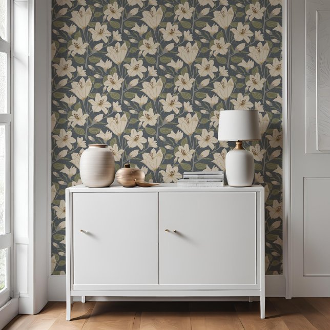 Papel Pintado Patrón floral de Lily Beige-Gris Azul Botánico (Subido por el creador)