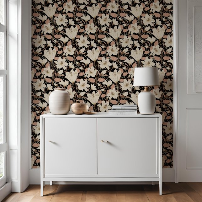 Papel Pintado Patrón floral de Lily Beige-Negro Botánico (Subido por el creador)