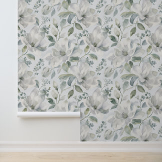 Papel Pintado Patrón floral de magnolia en acuarela en gris suav