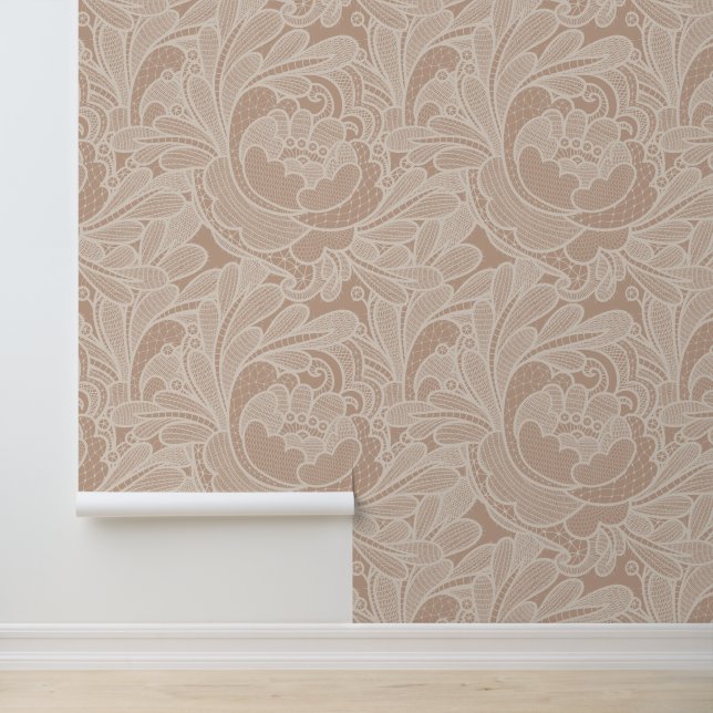 Papel Pintado Patrón floral de taupe de encaje romántico (Solicitud)