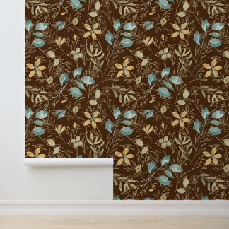 Papel Pintado Patrón floral dorado Verde azulado marrón