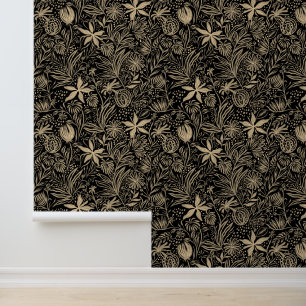 Papel Pintado Patrón floral Elegante color de agua dorado negro