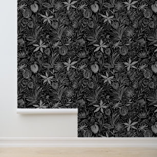 Papel Pintado Patrón floral Elegante color de agua plateado negr