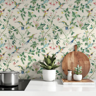 Papel Pintado Patrón floral elegante de colibrí inspirado en la