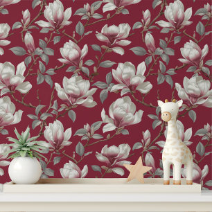 Papel Pintado Patrón floral elegante de la Magnolia Borgoña