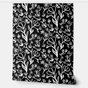 Papel Pintado Patrón floral en blanco sobre negro