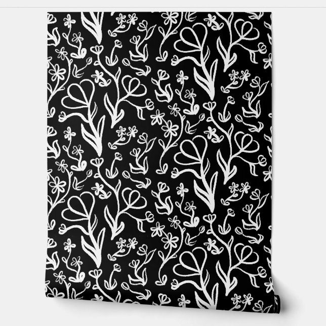Papel Pintado Patrón floral en blanco sobre negro (Desenrollar)