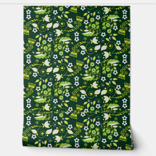 Papel Pintado Patrón floral escandinavo verde oscuro moderno
