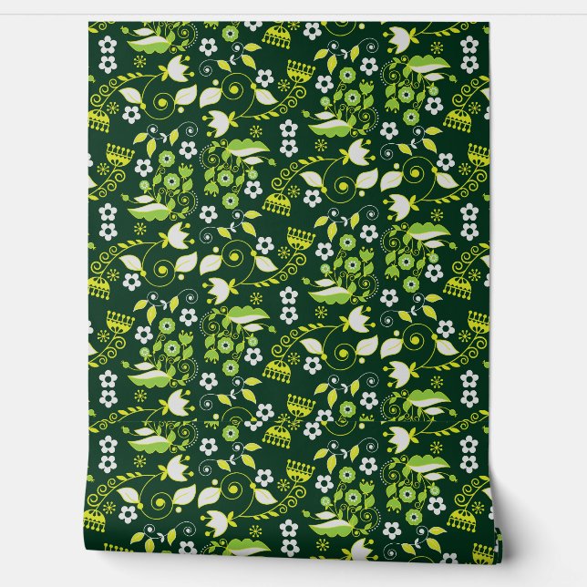 Papel Pintado Patrón floral escandinavo verde oscuro moderno (Desenrollar)