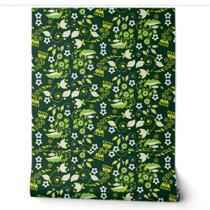 Papel Pintado Patrón floral escandinavo verde oscuro moderno