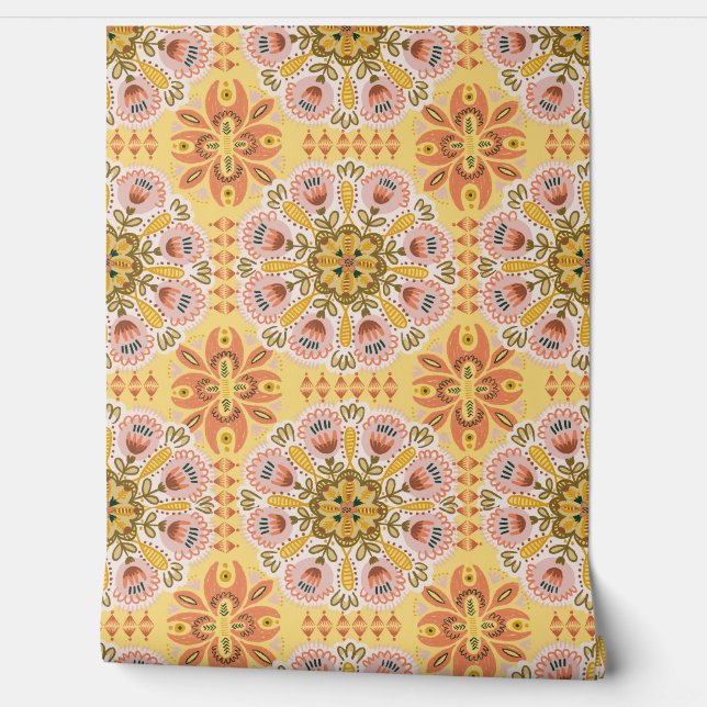 Papel Pintado Patrón floral geométrico bohemio (Desenrollar)