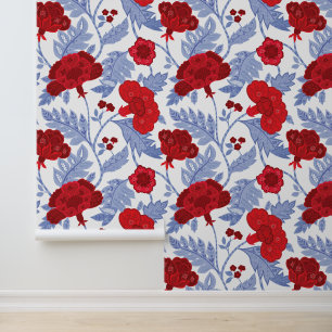 Papel Pintado Patrón floral indio rojo, blanco y azul