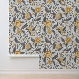 Papel Pintado Patrón floral jacobino amarillo y gris