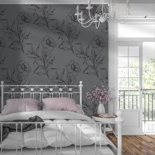Papel Pintado Patrón Floral Moderno Sencillo Gris Oscuro