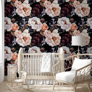 Papel Pintado Patrón floral Oscuro Peonies