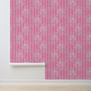 Papel Pintado Patrón floral Purpurina plateado en franjas rosada