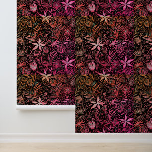 Papel Pintado Patrón floral Retro Negro Rosa