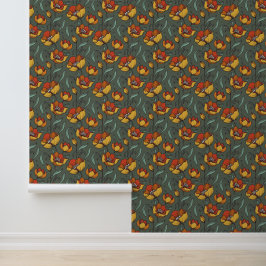Papel Pintado Patrón floral retro verde dorado naranja