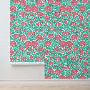 Papel Pintado Patrón floral rosa con hojas verdes