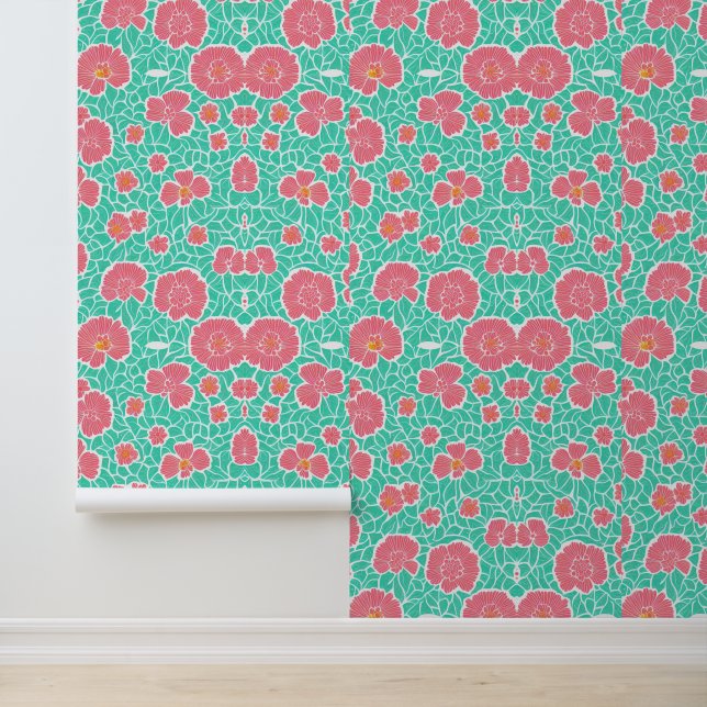 Papel Pintado Patrón floral rosa con hojas verdes (Solicitud)