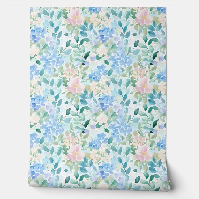 Papel Pintado Patrón floral rosa pastel azul (Desenrollar)