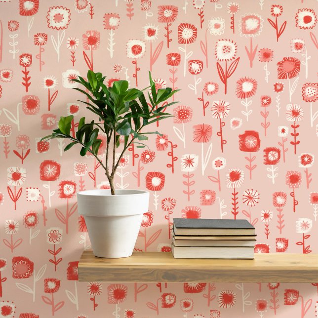 Papel Pintado Patrón floral rosa retro divertido (Retro pink floral ditsy fun peel and stick wallpaper)