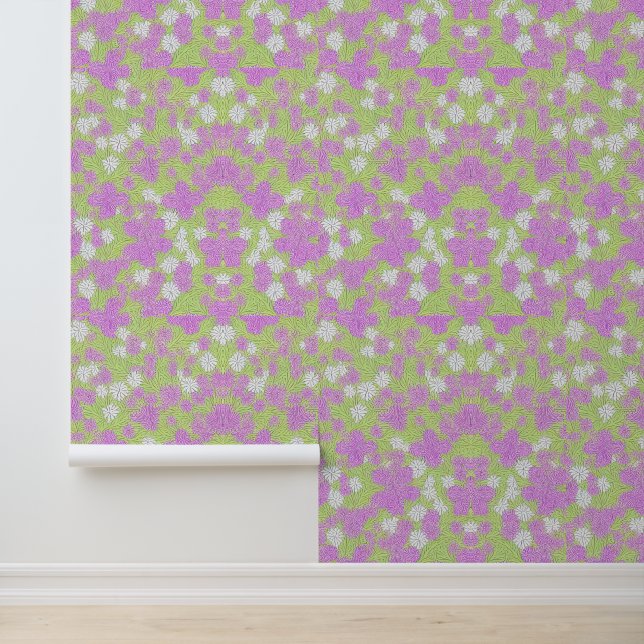 Papel Pintado Patrón floral rosa y blanco sobre verde claro (Solicitud)
