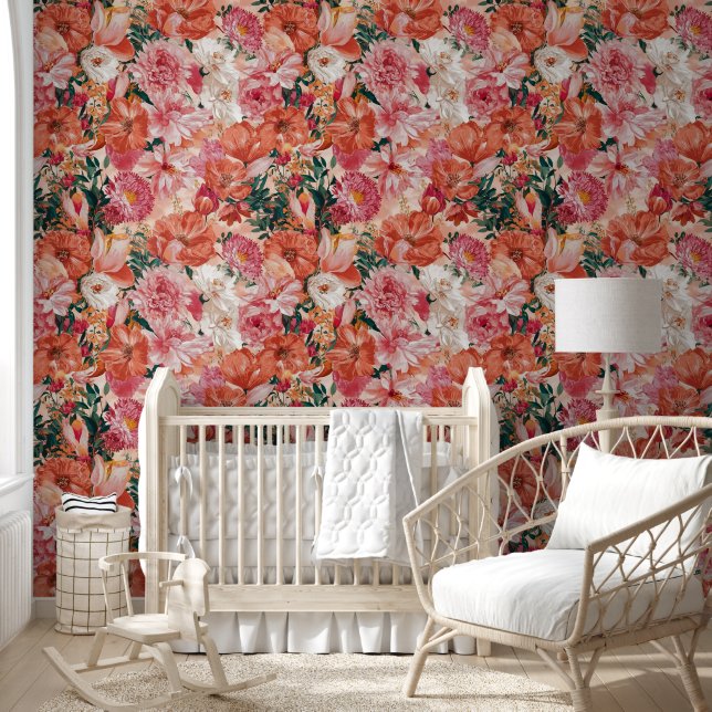 Papel Pintado Patrón floral rosado naranja (Niños)