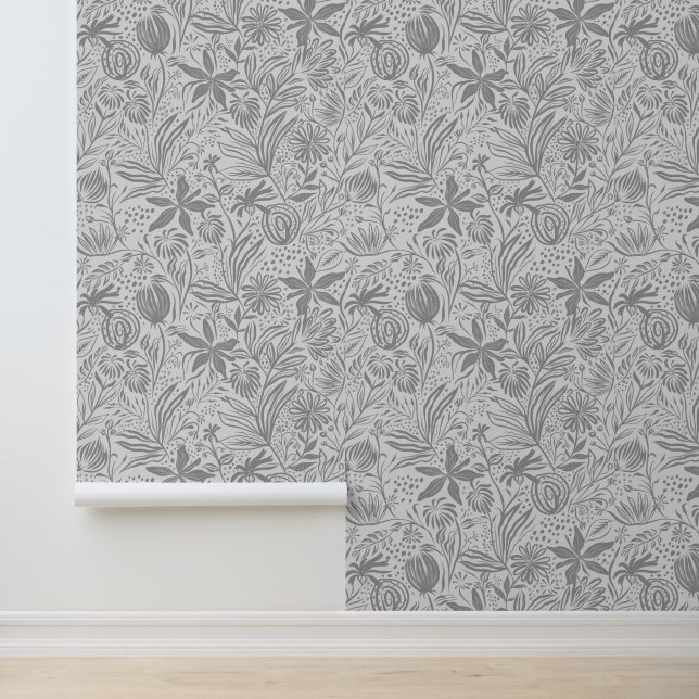 Papel Pintado Patrón floral Tonos plateados de impresión gris (Solicitud)