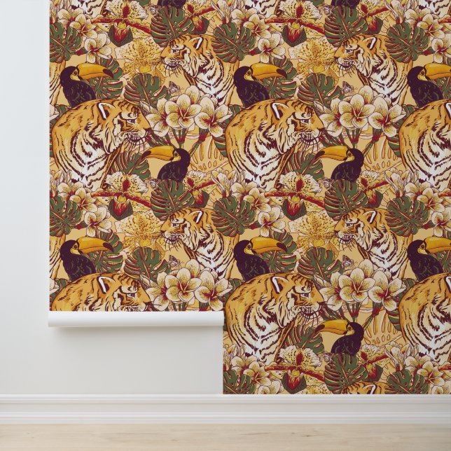 Papel Pintado Patrón floral tropical con tigre (Solicitud)