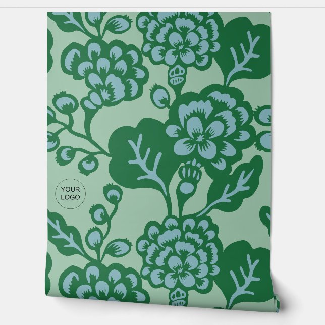 Papel Pintado Patrón floral verde y azul vibrante y audaz (Desenrollar)