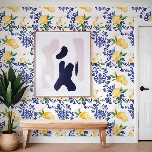Papel Pintado Patrón floral y limón de la antigüedad azul medite (Mediterranean Blue Antique Floral & Lemon Pattern Wallpaper)