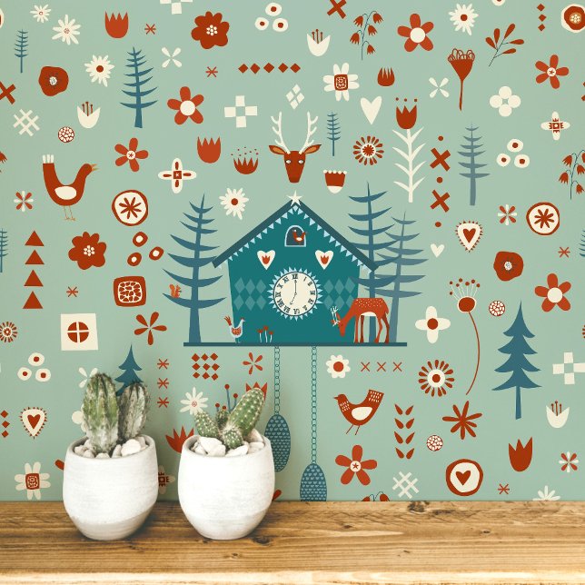 Papel Pintado Patrón forestal escandinavo (Scandinavian Forest sage teal green folk art peel and stick wallpaper)