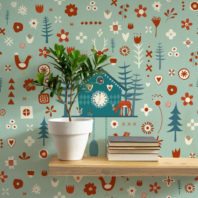 Papel Pintado Patrón forestal escandinavo (Scandinavian Forest sage teal green folk art peel and stick wallpaper)