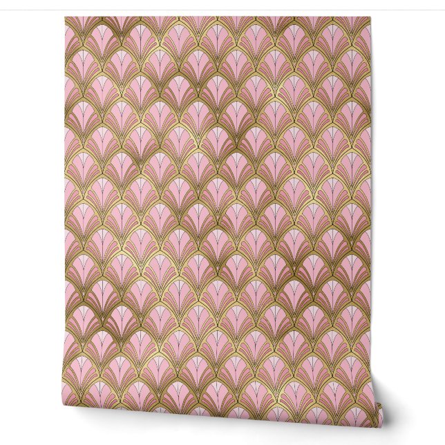 Papel Pintado Patrón geométrico Art Déco de oro rosa (Desenrollar)