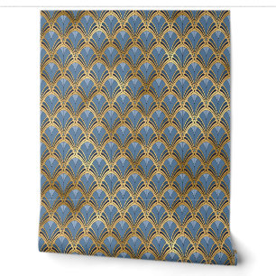 Papel Pintado Patrón geométrico Art Deco dorado azul