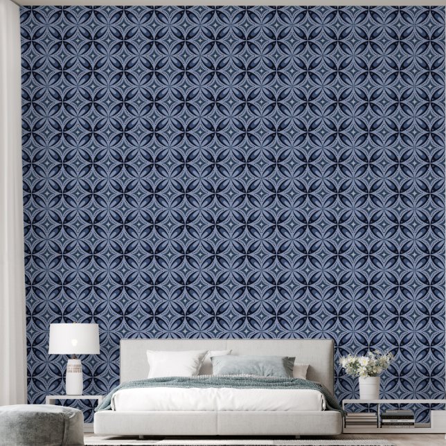 Papel Pintado Patrón geométrico azul estilo retro (Dormitorio)