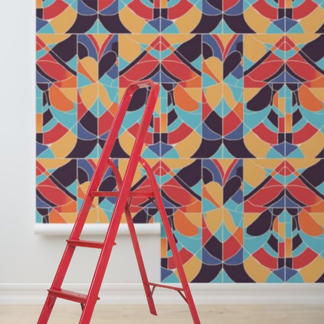 Papel Pintado Patrón geométrico del Naranja azul de Peel Stick A (Peel Stick Artdeco Blue Orange Geometric Pattern Wallpaper)