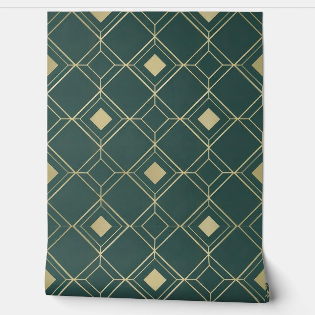 Papel Pintado Patrón geométrico elegante verde y oro (Desenrollar)