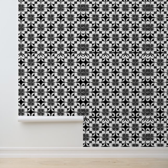 Papel Pintado Patrón geométrico floral blanco y negro (Solicitud)