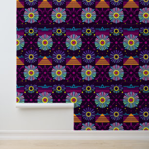 Papel Pintado Patrón geométrico floral de neón vibrante