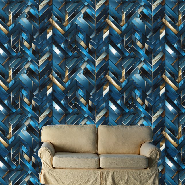 Papel Pintado Patrón Geométrico Glamoroso Azul Y Oro (Subido por el creador)
