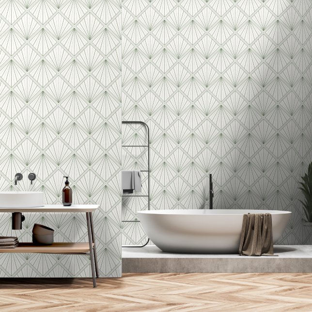 Papel Pintado Patrón geométrico verde de sabio blanco (Baño)