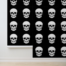 Papel Pintado Patrón Halloween de Cabeza de Cráneo Blanco y Negr