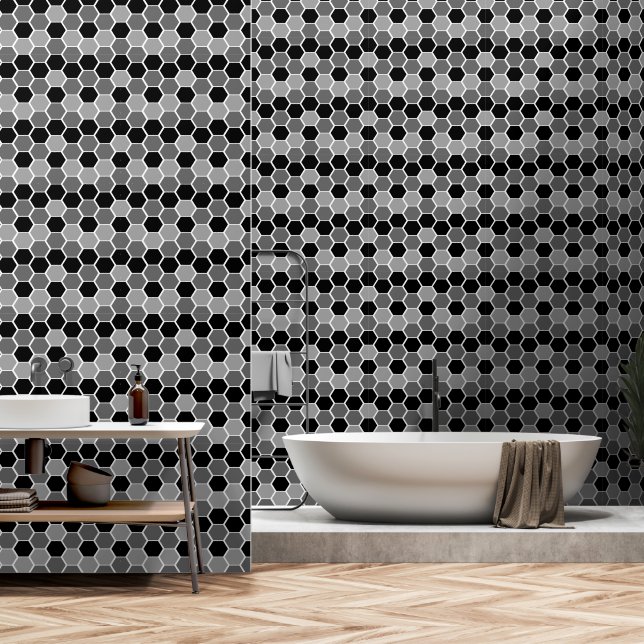 Papel Pintado Patrón hexagonal blanco y negro (Baño)