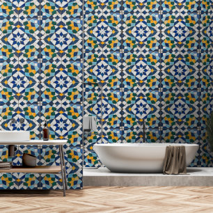 Papel Pintado Patrón Intrincado de Baldosas Azules