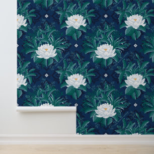 Papel Pintado Patrón Lotus de la medianoche blanca